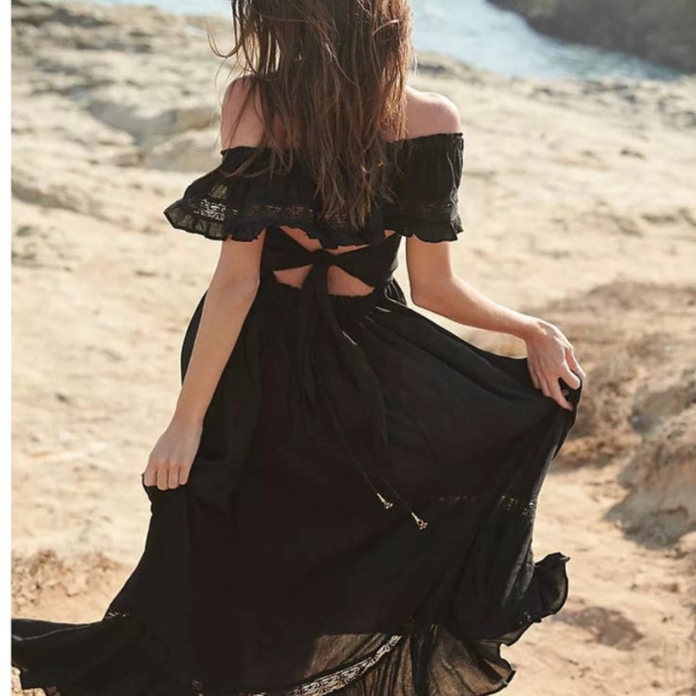 Free People Black Off-Shoulder Tie-Back Maxi